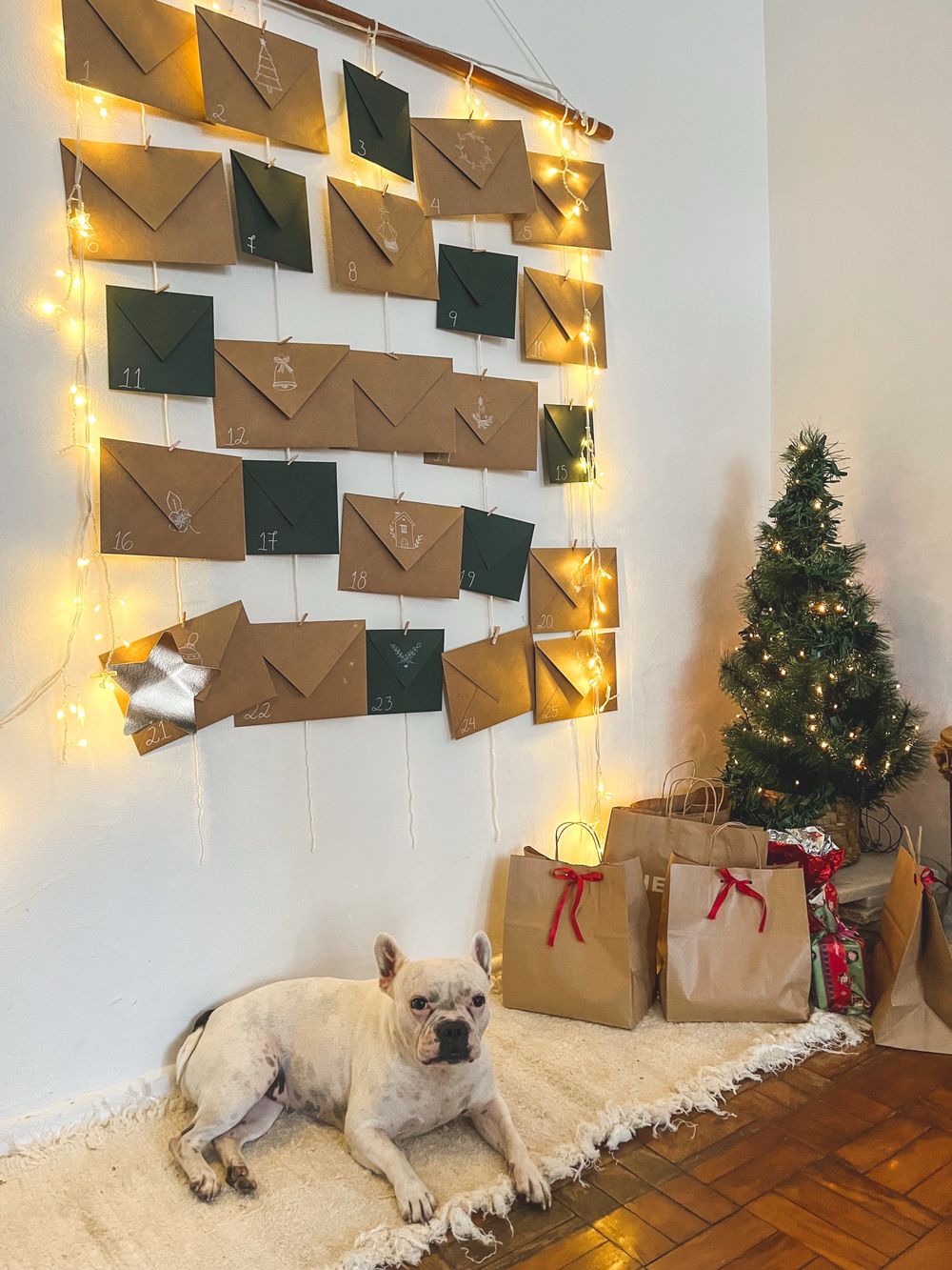 Calendário do Advento com 25 envelopes kraft e verdes na parede, luzinhas, uma árvore pequena e a cachorra Alba deitada no tapete